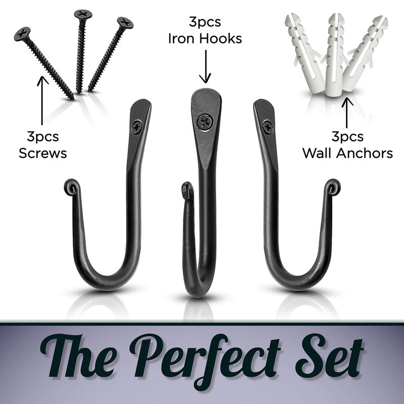 Stur-De Decorative Hooks for Wall - Wall Hooks for Hanging Coats, Hats, & Bags, Versatile Towel Hooks for Bathrooms or Kitchen - Wrought Iron Hanging Hooks - Pack of 3, Black - 2 x 0.35 x 3.75 Inches - Image 3